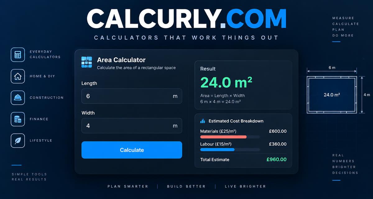 Calcurly.com area calculator showing dimensions, result, and cost breakdown